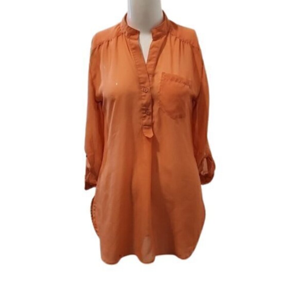 [Rue 21] Orange Half Button Sheer Roll Up Long Sleeve Blouse - Size M